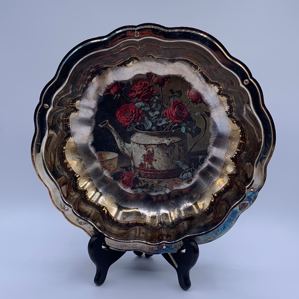 Vintage D. Schwab Designs Decoupage Rose Bouquet Rhinestone Detail Silver Bowl